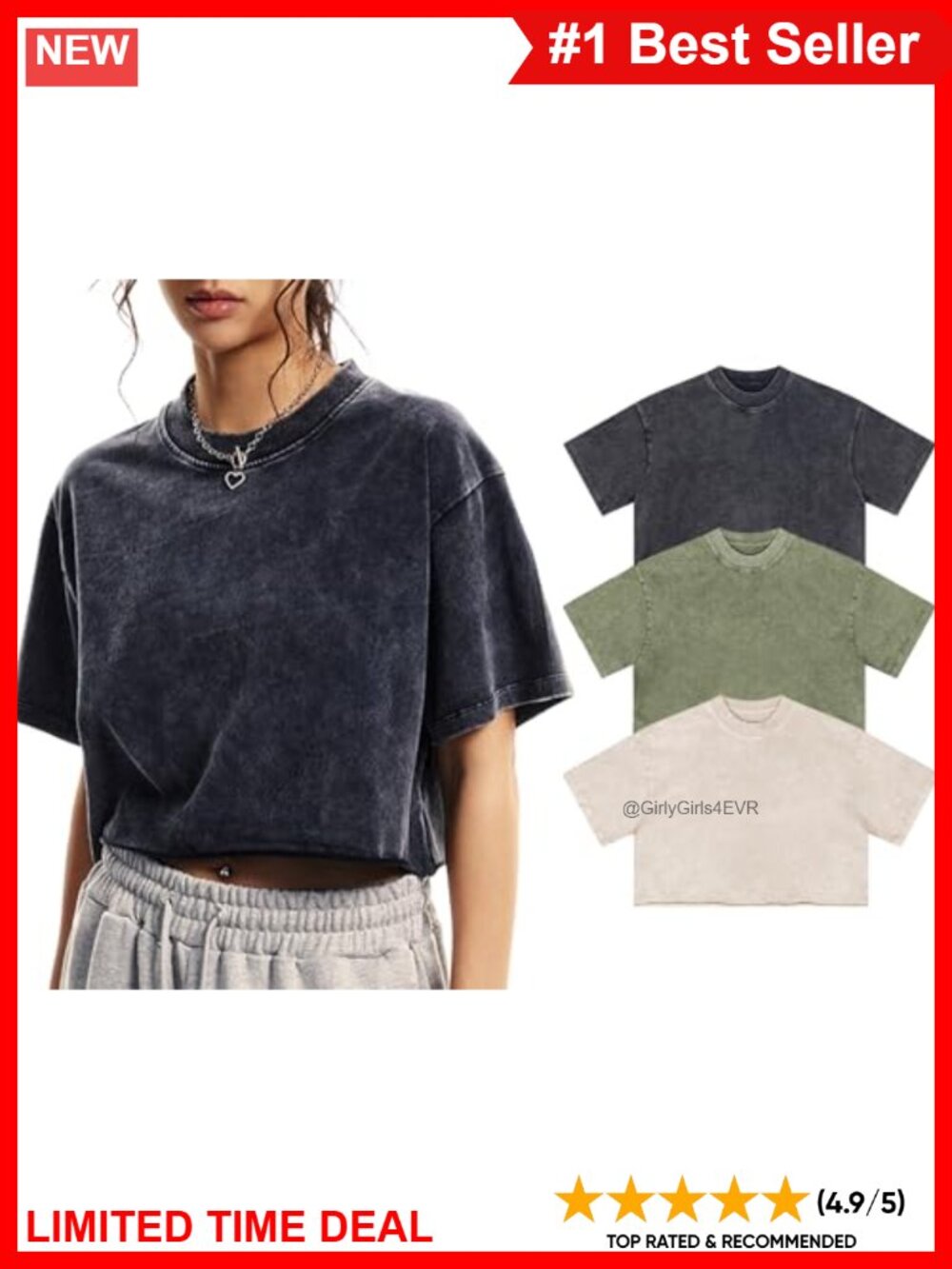 Womens Oversized Vintage Cotton T-Shirt Cropped Acid Wash Tee